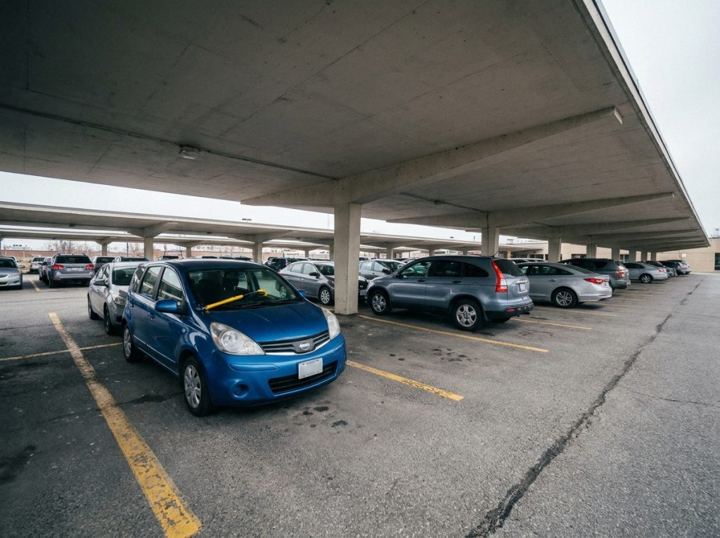 Parking couvert extérieur avec voiture équipée d'un antivol visible, places délimitées en jaune