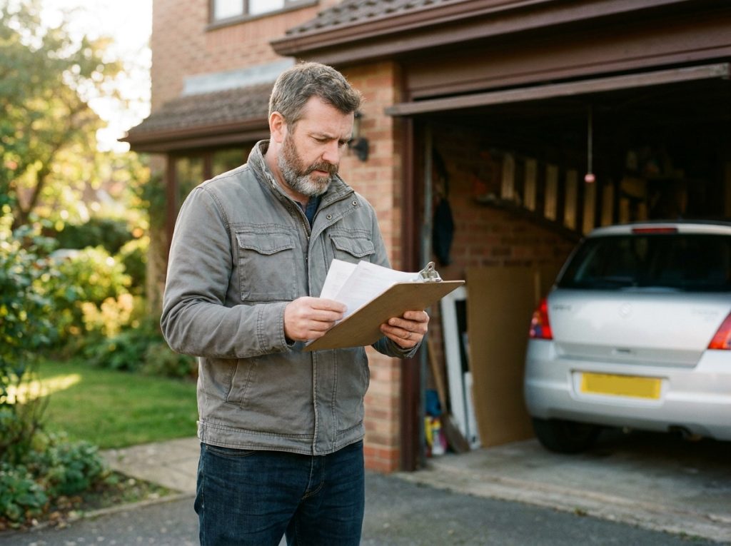 Propriétaire examinant son contrat d'assurance garage devant son box résidentiel