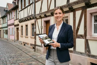 Agent immobilier devant une maison à colombages typique de Colmar, illustrant le marché immobilier local en 2026