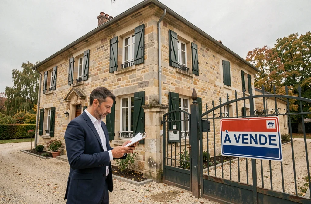 Agent immobilier devant une maison en pierre à vendre en Moselle avec panneau de vente