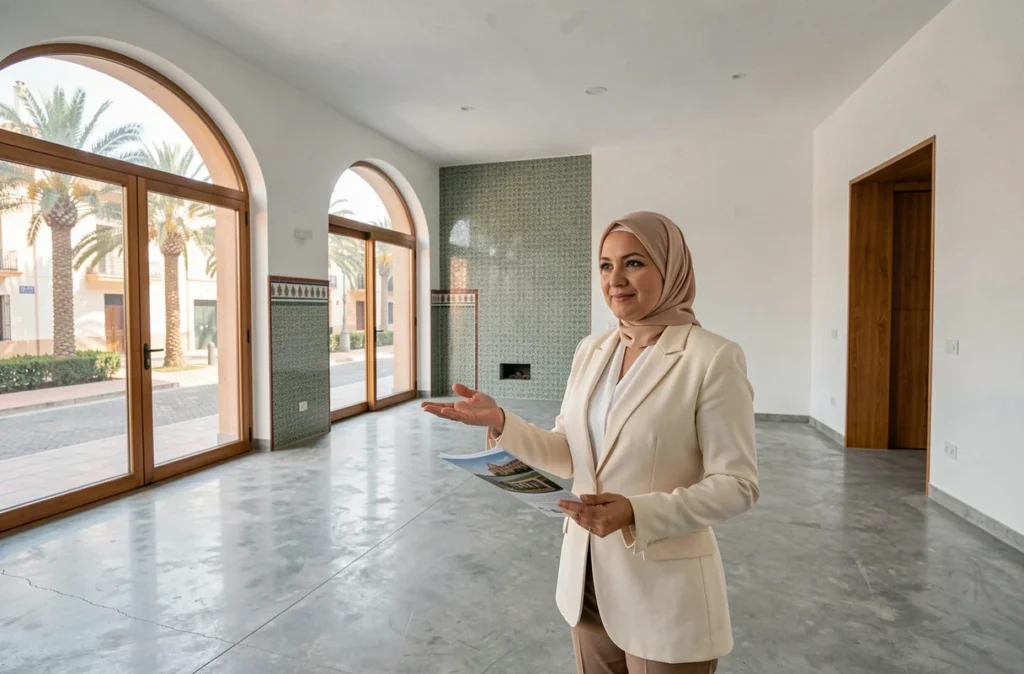 Agente immobilière présentant un appartement moderne à vendre dans le quartier Gueliz de Marrakech