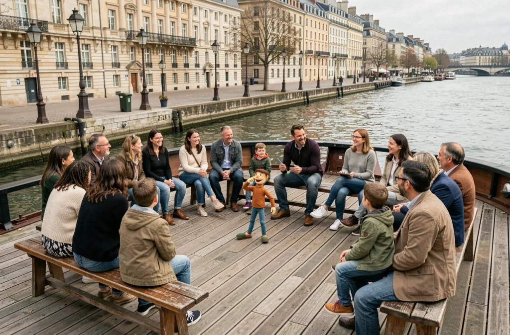 Animation spectacle de marionnettes pour familles sur la terrasse d'une péniche à Lyon