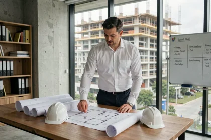 Architecte de la Metropolitan Builders Association examinant des plans de construction dans un bureau immobilier moderne avec vue sur un chantier urbain