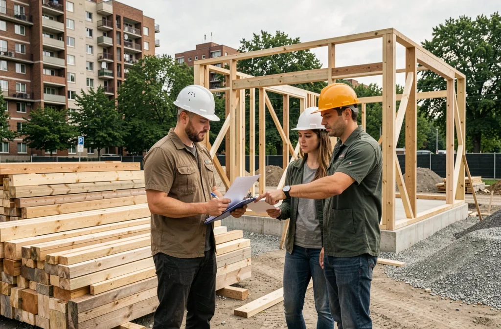 Trois personnes en discussion sur un chantier de construction d'habitat participatif en milieu urbain