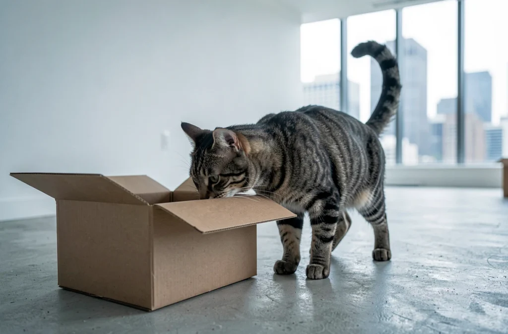 Chat tigré explorant avec curiosité un appartement vide après un déménagement récent