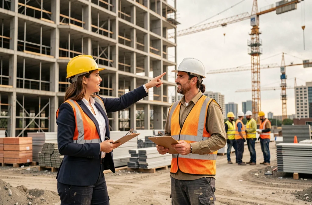 Chef de projet de la Metropolitan Builders Association supervisant un chantier de construction résidentielle avec un ingénieur en sécurité