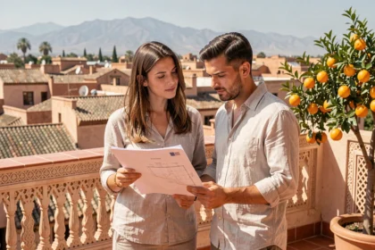 Couple examinant des plans immobiliers sur une terrasse de riad à Marrakech avec vue sur la médina