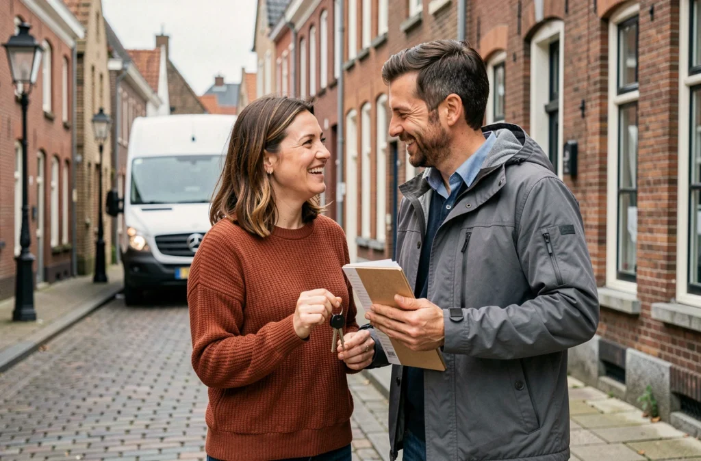 Couple tenant les clés de leur nouveau logement lors d'un déménagement dans une autre région de Belgique
