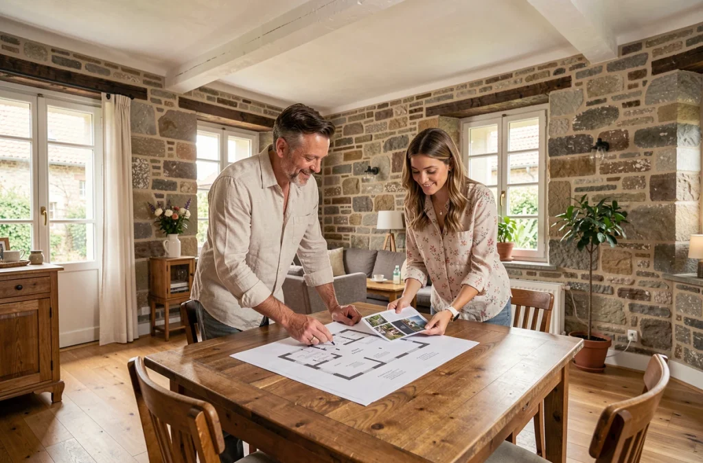 Couple consultant des plans immobiliers dans un appartement rénové de style alsacien à Colmar
