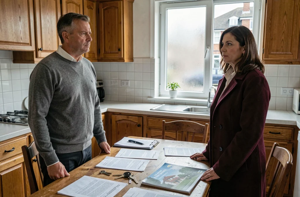 Couple en instance de divorce autour d'une table avec documents immobiliers pour vente de maison en Moselle