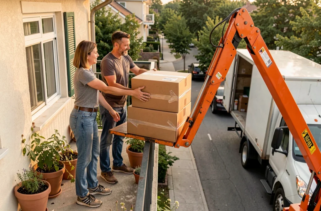 Couple réceptionnant des cartons de déménagement depuis un monte-meubles sur le balcon de leur appartement