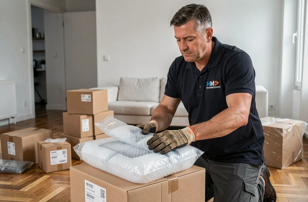 Un déménageur professionnel emballant soigneusement des objets fragiles avec du papier bulle dans un appartement moderne avant un déménagement