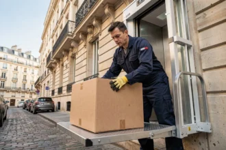 Déménageur professionnel chargeant des cartons sur un monte-meubles électrique fixé à la façade d'un immeuble haussmannien