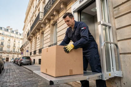 Déménageur professionnel chargeant des cartons sur un monte-meubles électrique fixé à la façade d'un immeuble haussmannien