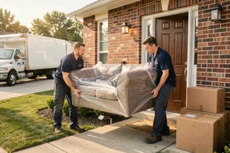 Deux déménageurs professionnels en uniforme portant un canapé emballé hors d'une maison avec un camion de déménagement garé dans l'allée