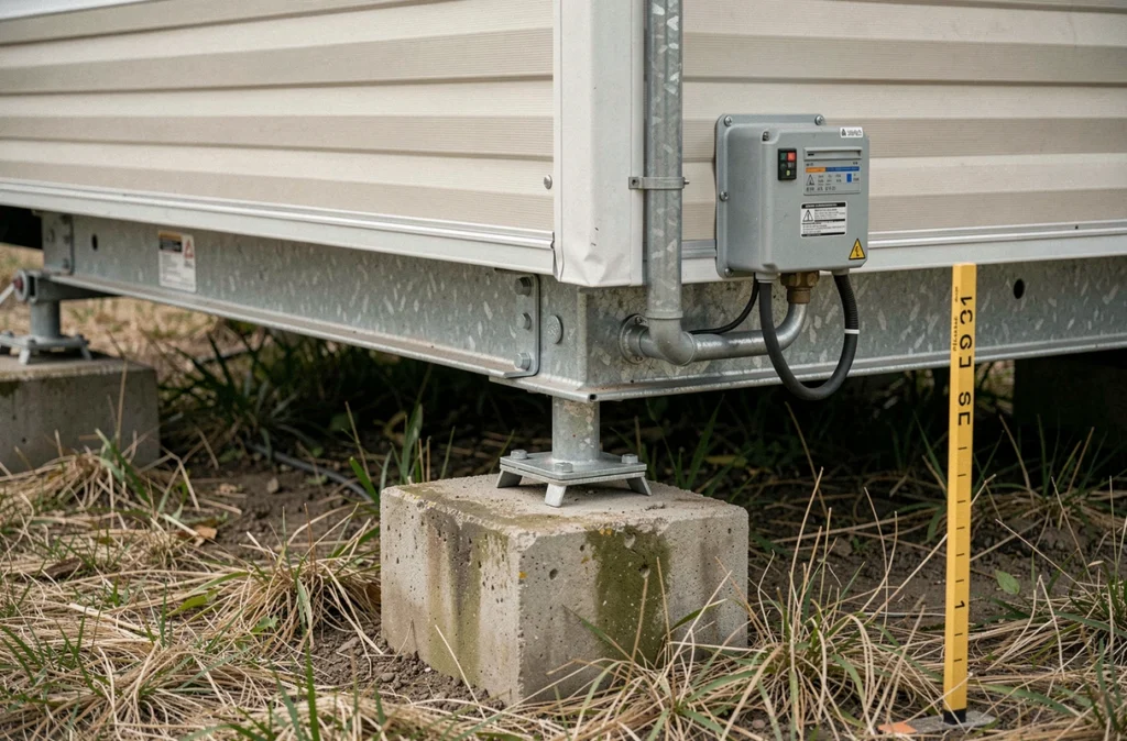 Détail technique des supports et raccordements d'un mobil home installé sur terrain privé