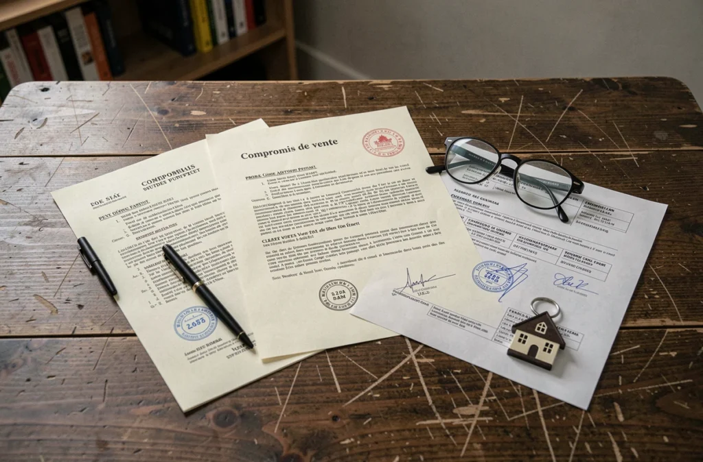 Compromis de vente et diagnostics immobiliers posés sur un bureau en bois lors d'une transaction immobilière urgente