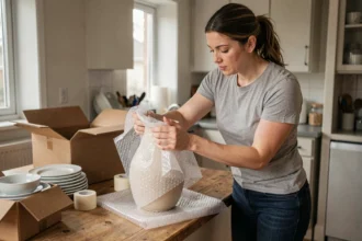 Femme emballant soigneusement un vase en céramique avec du papier bulle lors d'un déménagement