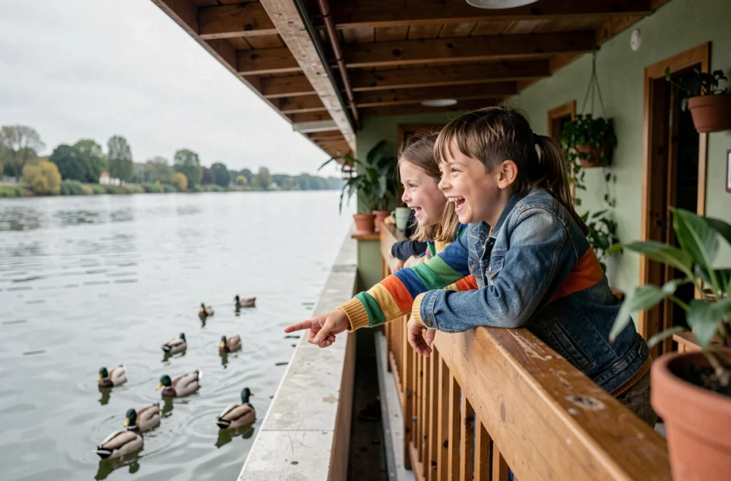 Deux enfants observant des canards depuis le bastingage d'une péniche sur le Rhône à Lyon