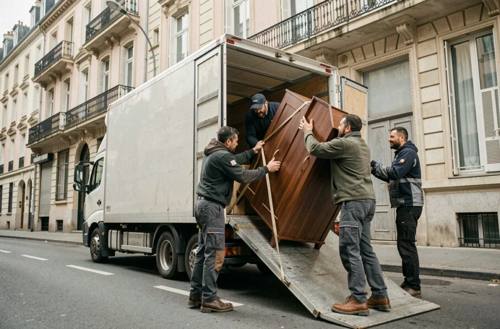 Une équipe de trois déménageurs professionnels chargeant des meubles dans un grand camion de déménagement dans une rue urbaine