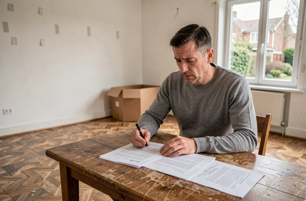 Homme seul examinant des documents juridiques dans une maison en cours de vente suite à un divorce