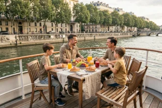 Famille profitant d'un brunch dominical sur le pont d'une péniche amarrée sur les quais de Lyon