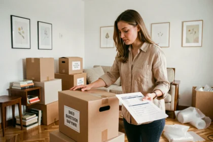 Femme organisant ses cartons de déménagement dans un appartement belge avant de changer de région