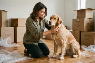 Femme réconfortant son golden retriever entouré de cartons de déménagement dans un salon en cours de vidage