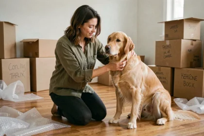 Femme réconfortant son golden retriever entouré de cartons de déménagement dans un salon en cours de vidage