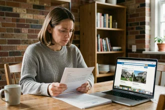 Femme examinant un contrat de location sans agence à domicile, comparant les offres en ligne sur son ordinateur portable