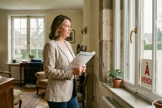 Femme tenant un dossier immobilier dans un salon de maison à vendre en Moselle lors d'un divorce