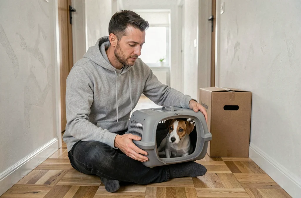 Homme présentant une caisse de transport ouverte à son petit chien anxieux dans le couloir d'un nouveau logement