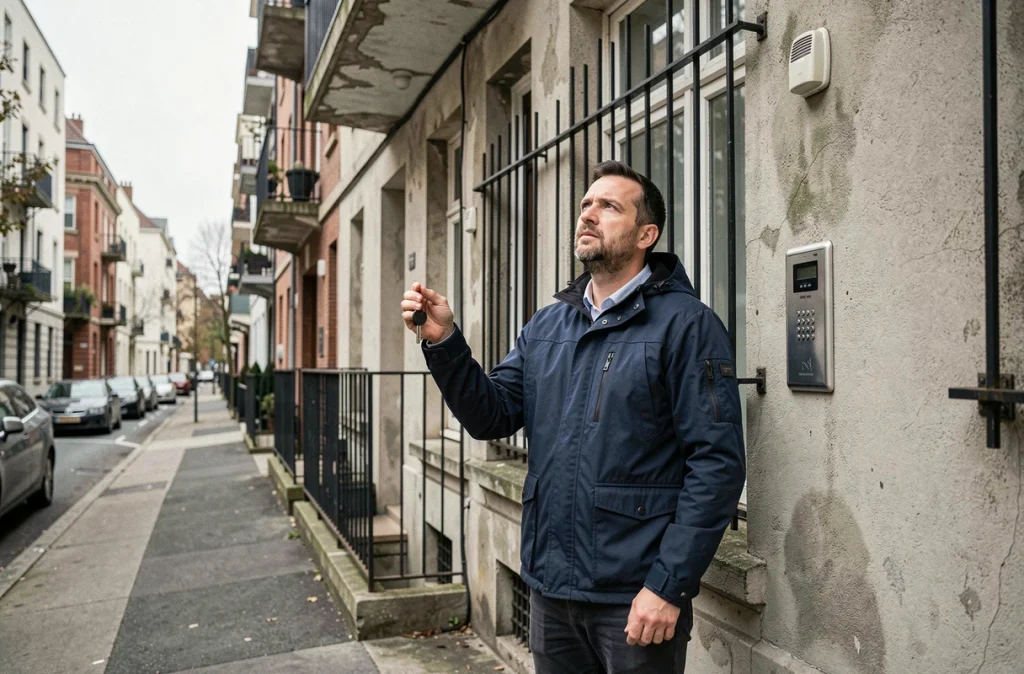 Homme tenant des clés devant un immeuble locatif, illustrant la location directe entre particuliers sans passer par une agence