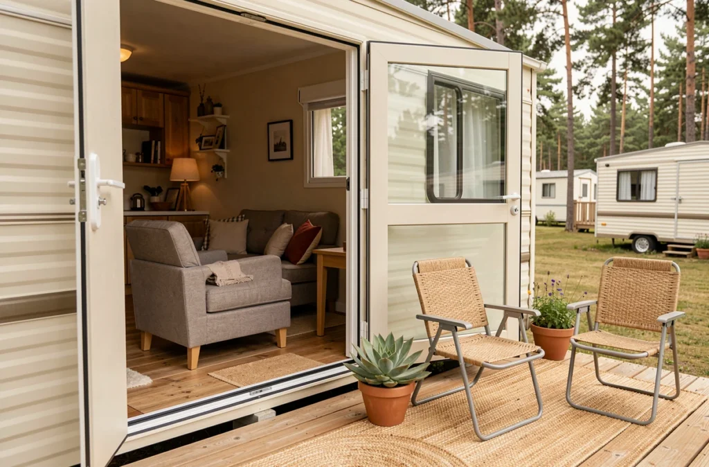 Intérieur et terrasse d'un mobil home habitable toute l'année dans un camping avec parcelle privative