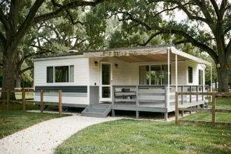 Mobil home moderne installé sur un terrain privé arboré avec allée en gravier et clôture en bois
