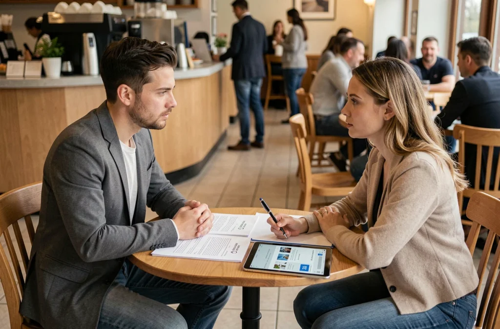Deux personnes en train de négocier un contrat de location entre particuliers dans un café, avec documents et plateforme numérique visibles