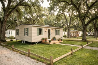 Parcelle de terrain avec mobil home dans un camping ouvert à l'année, entouré d'arbres et d'une terrasse en bois