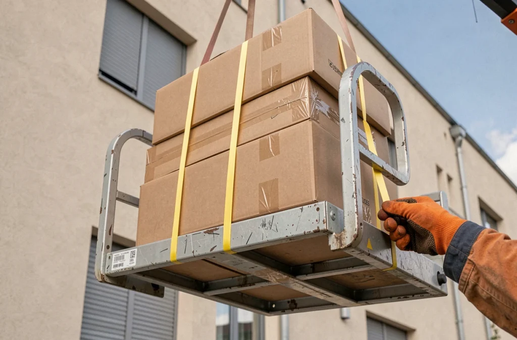 Gros plan sur une plateforme de monte-meubles chargée de cartons sécurisés avec des sangles lors d'un déménagement