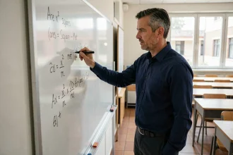 Professeur de mathématiques écrivant une formule de conversion ares en m2 au tableau blanc dans une salle de classe