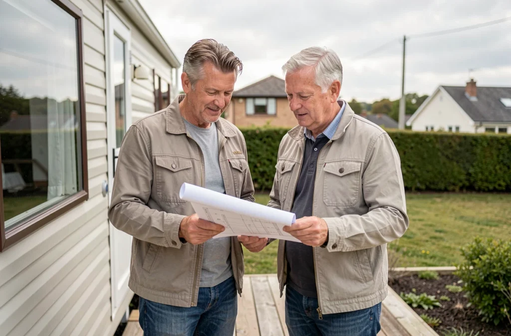 Couple de propriétaires examinant des plans d'installation d'un mobil home sur leur terrain privé