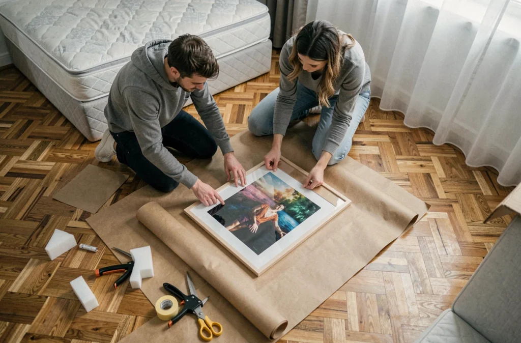 Deux personnes emballant un tableau avec du papier kraft et des protections en mousse pour le déménagement