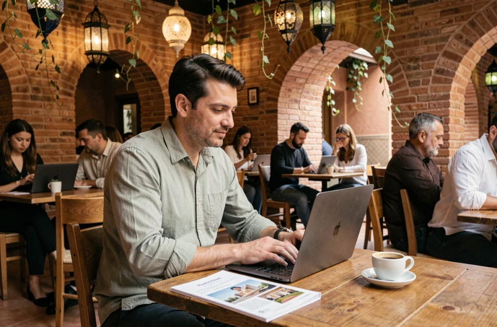 Homme recherchant un appartement à acheter à Marrakech sur un ordinateur portable dans un café coworking