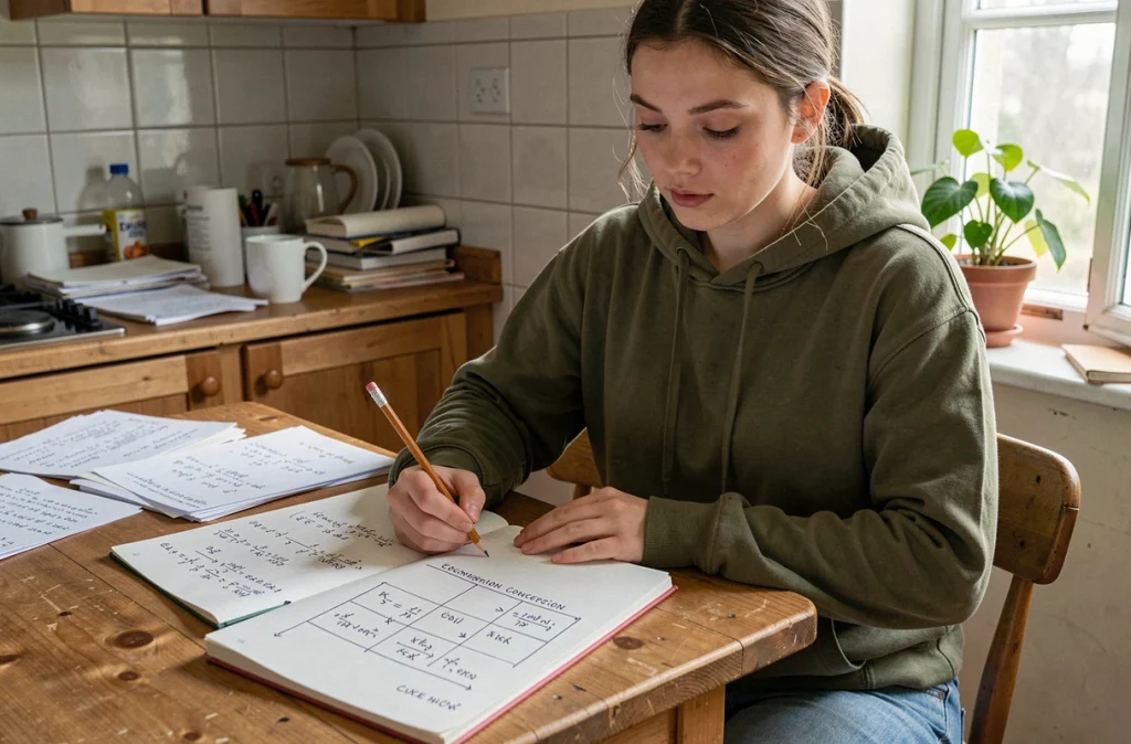 Jeune femme révisant une conversion d'unités de surface ares en mètres carrés sur un cahier de maths à la maison