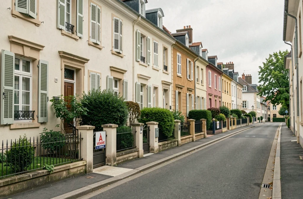 Rue résidentielle de Colmar avec maisons bourgeoises et panneau à vendre, marché immobilier 2026