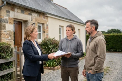 Agent immobilier remettant des documents de vente à un couple devant une maison à vendre près de Saint-Nazaire