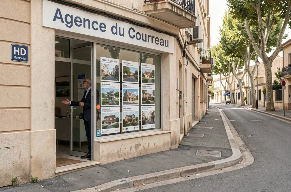 Devanture de l'Agence du Courreau à Montpellier avec un agent accueillant un client dans une rue résidentielle