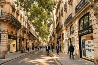 Vue panoramique d'une rue commerçante de Montpellier avec des agences immobilières et des façades haussmanniennes