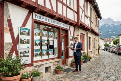 Vue d'ensemble d'une agence immobilière dans les Pyrénées-Atlantiques avec façade basque et montagne en arrière-plan