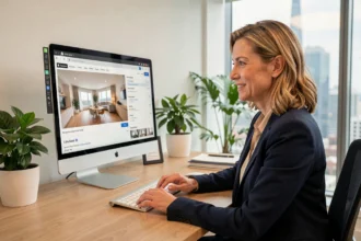 Agent immobilier analysant une annonce avec visite virtuelle 360 degrés sur ordinateur de bureau