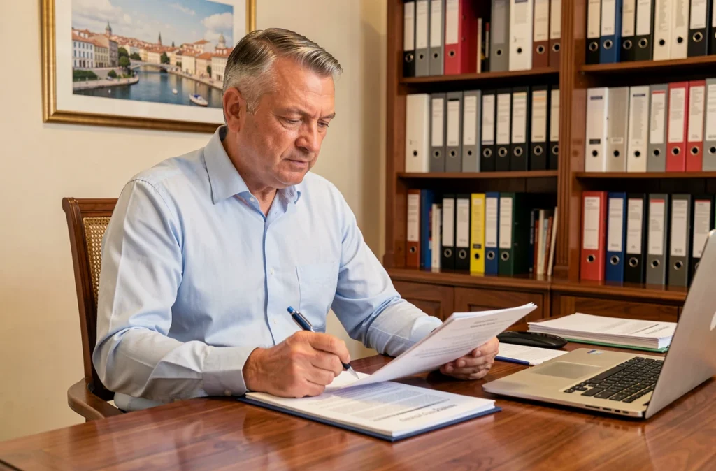 Gestionnaire immobilier d'Anglet Gestion Immobilière examinant un dossier de location dans son bureau classique